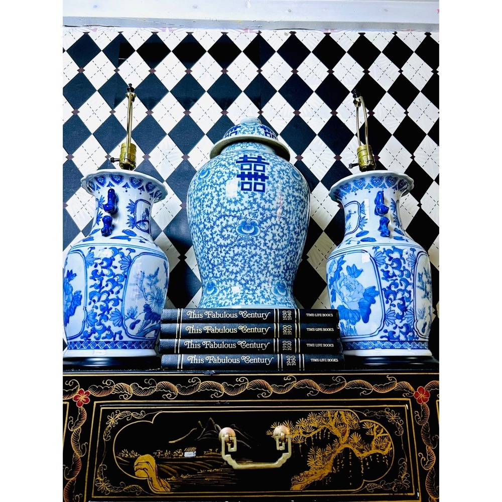 Chinoiserie Blue White Porcelain Lamp Pair Foo Dog Handles 26in - Picture 12 of 17